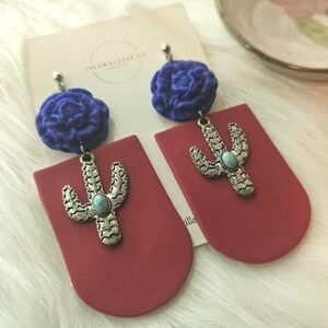 Western Polymer Clay Red and Blue Cactus Earrings